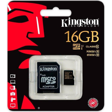 Kingston MicroSDHC 16GB UHS-I R90/W45MB/s + SD-adapter (SDCA10/16GB)