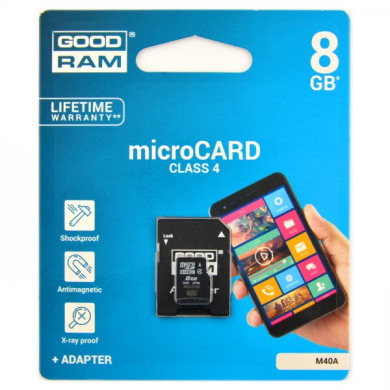 Карта памяти MicroSDHC 8GB Class 4 Goodram M40A + SD-adapter (M40A-0080R11)